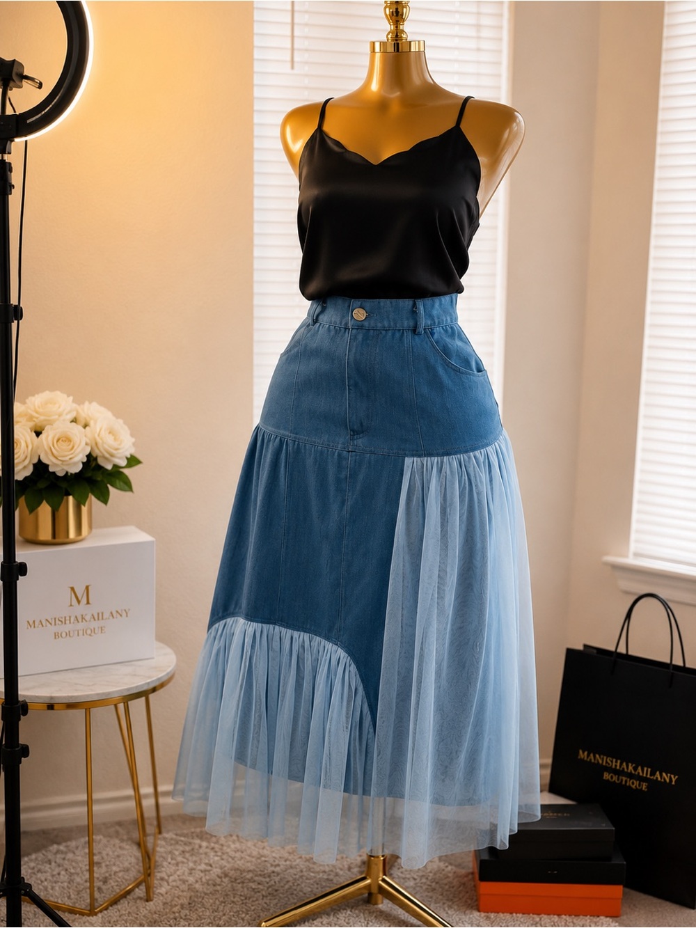 Light Blue Tiered Denim & Tulle Midi Skirt